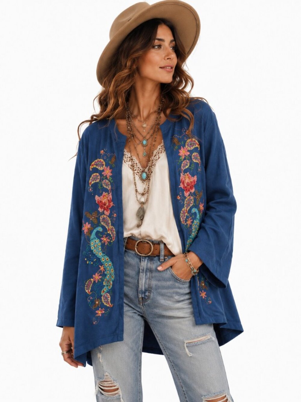 Simply Couture Duster Jacket Womens 3X Blue Peacock Embroidered Boho Artwear NWT